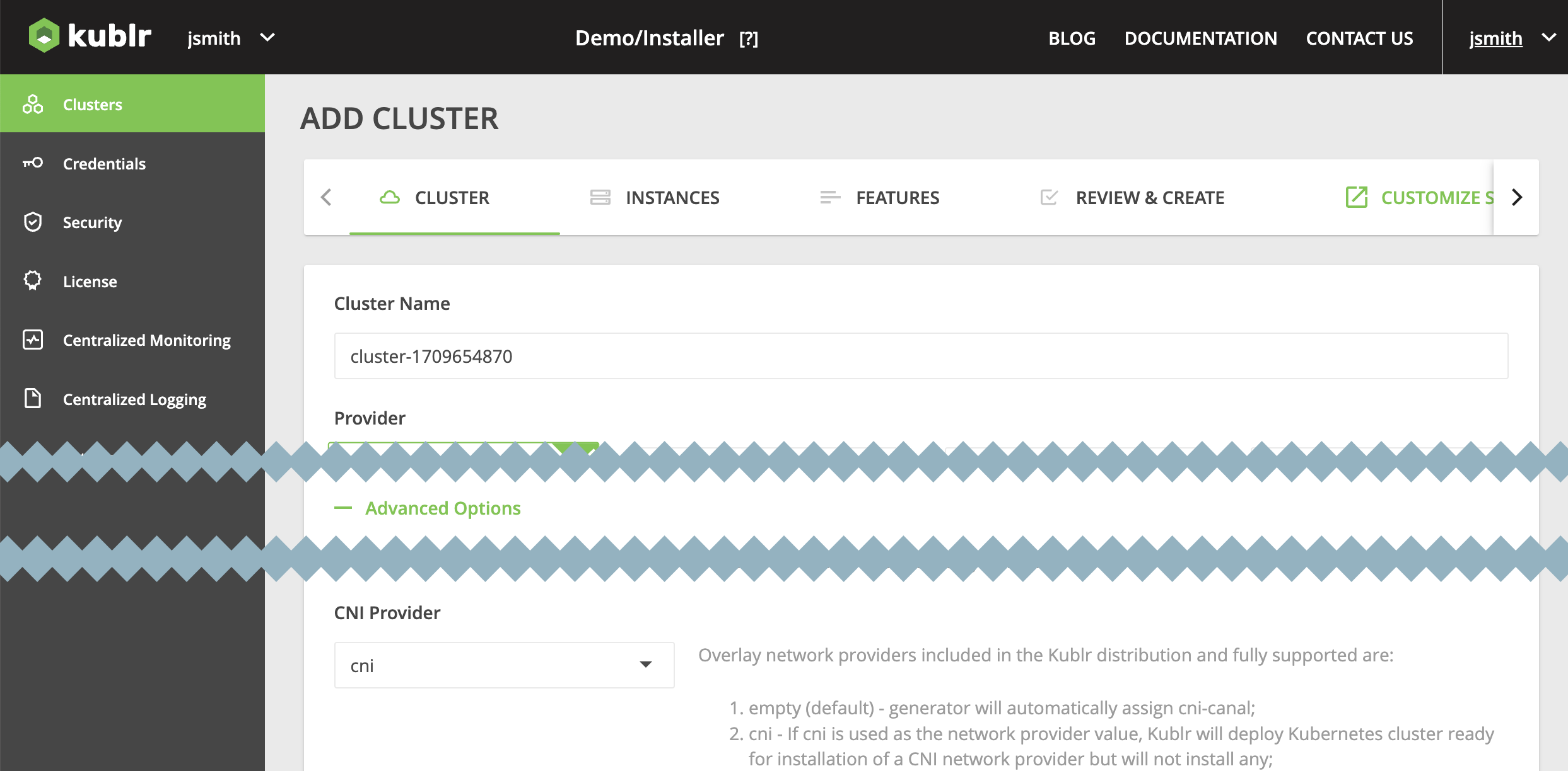 Creating cluster - setting CNI Provider to “cni”