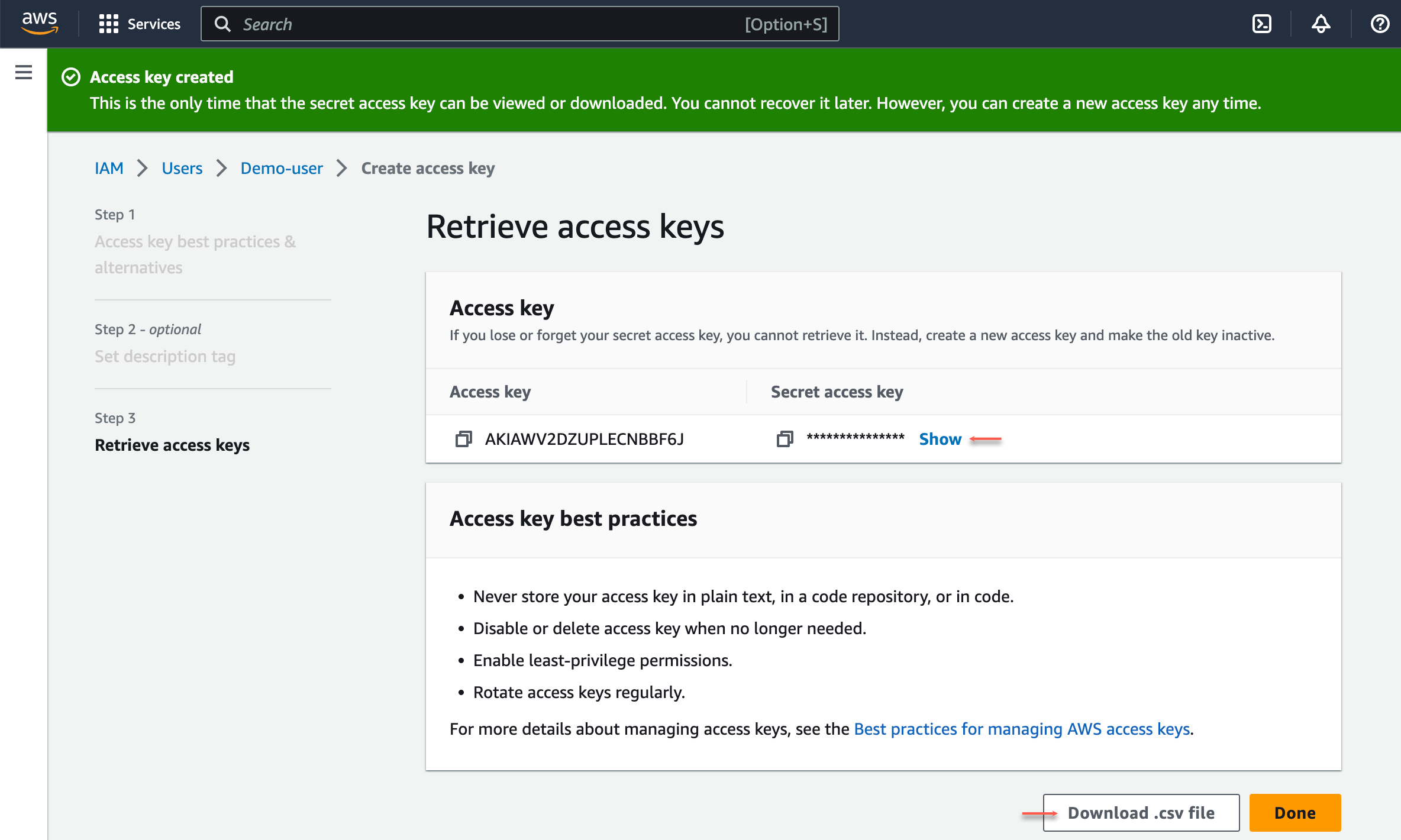 Create new access key - success