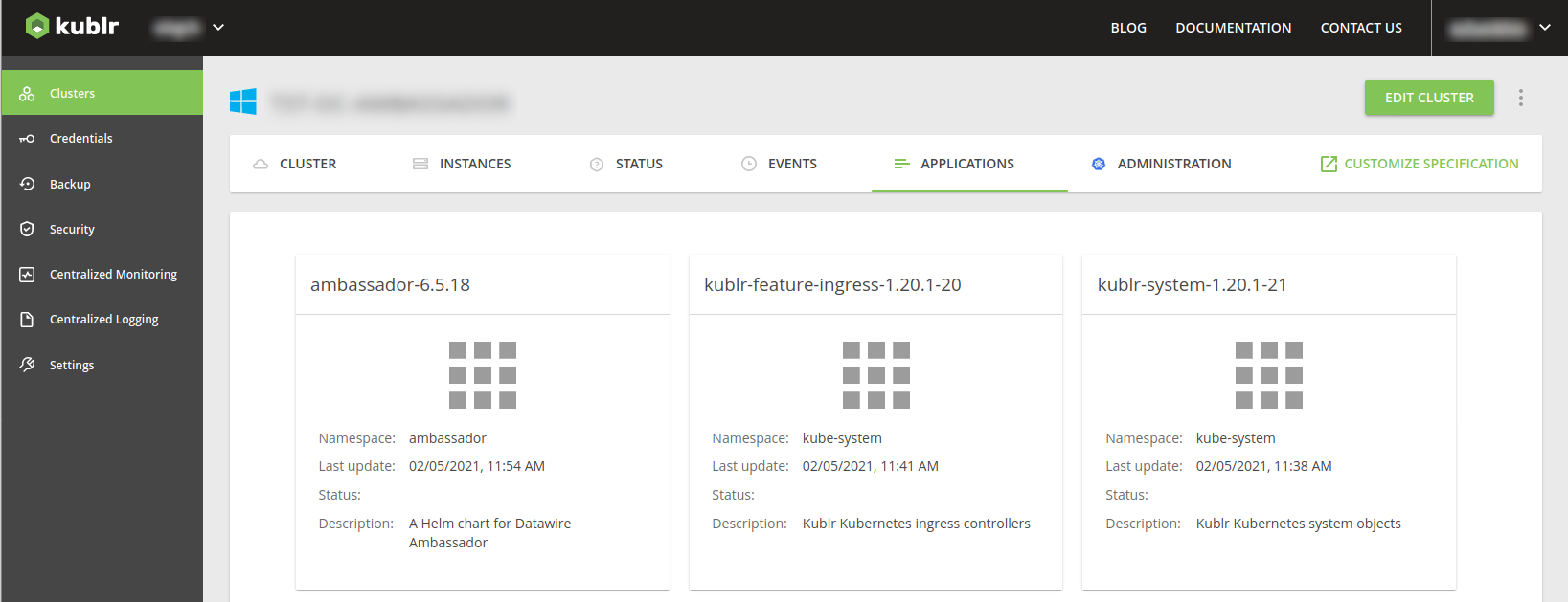Cluster Applications Tab with Ambassador Helm Package