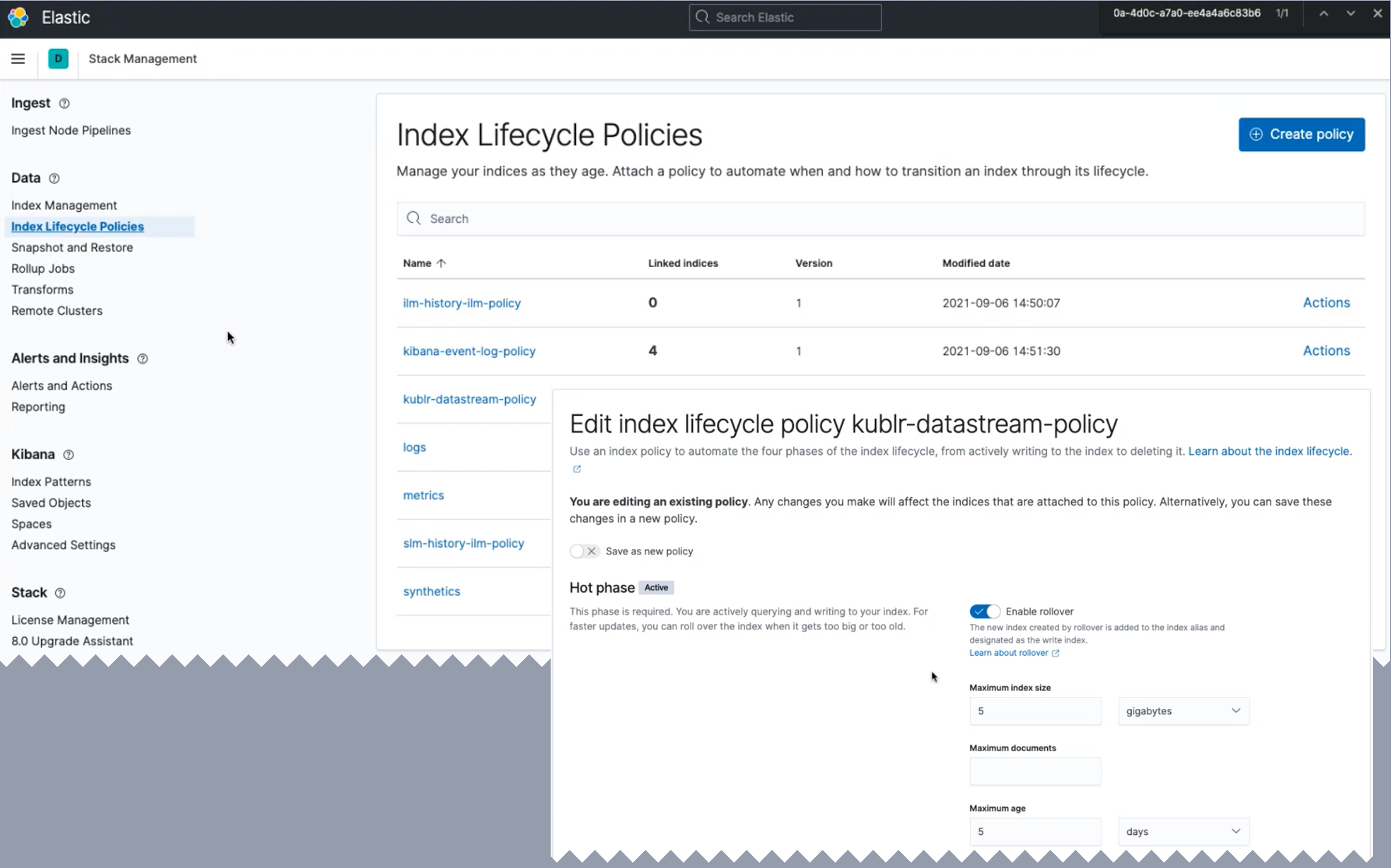 Index lifecycle policies