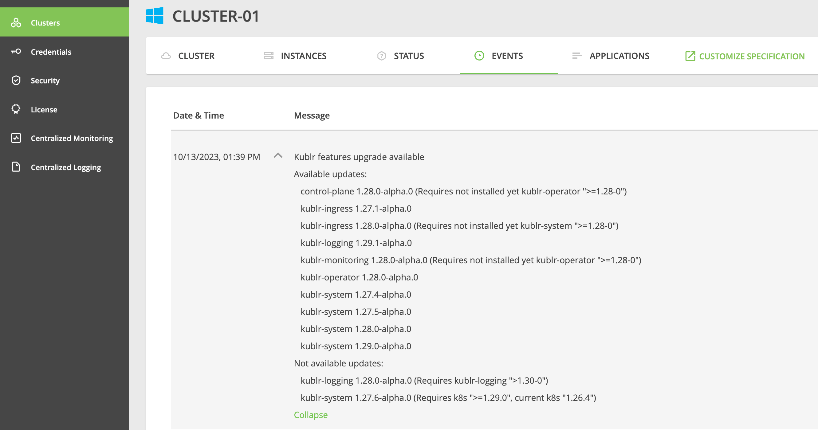 Cluster - Events tab - Updates for features available