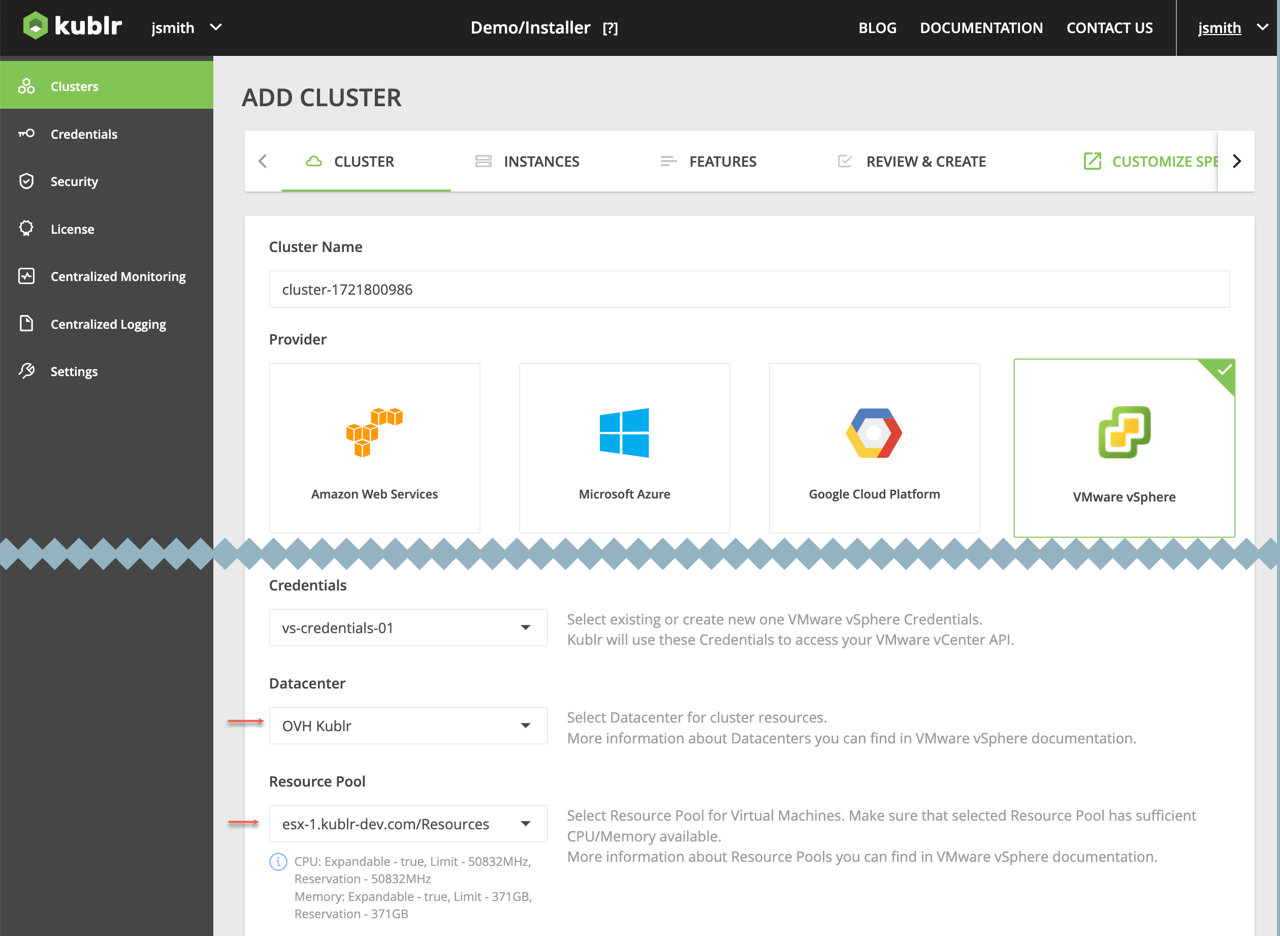 vSphere cluster - selecting data center and resource pool